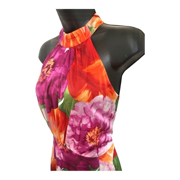Maggy London pink tropical floral print asymmetrical flowy halter dress size 6 - Picture 5 of 16